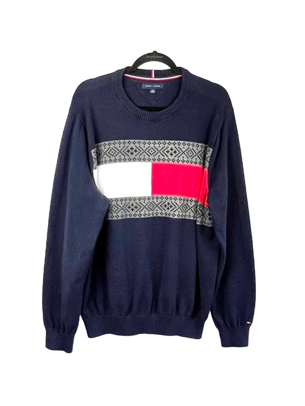 Tommy Hilfiger Mens XXL Navy Fair Isle Flag Crewneck Sweater Logo Stripe Cotton